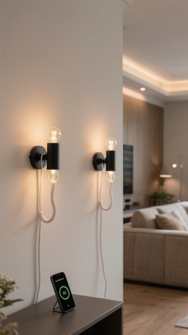 Medium shot: A living room corner with two matte-black plug-in sconces mounted 62 inches from the floor, warm 2700K smart bulbs casting layered ambient light; sleek white cord covers blending into the wall, dimmed overhead light in the background; smartphone on a console showing brightness control; cozy, modern atmosphere.