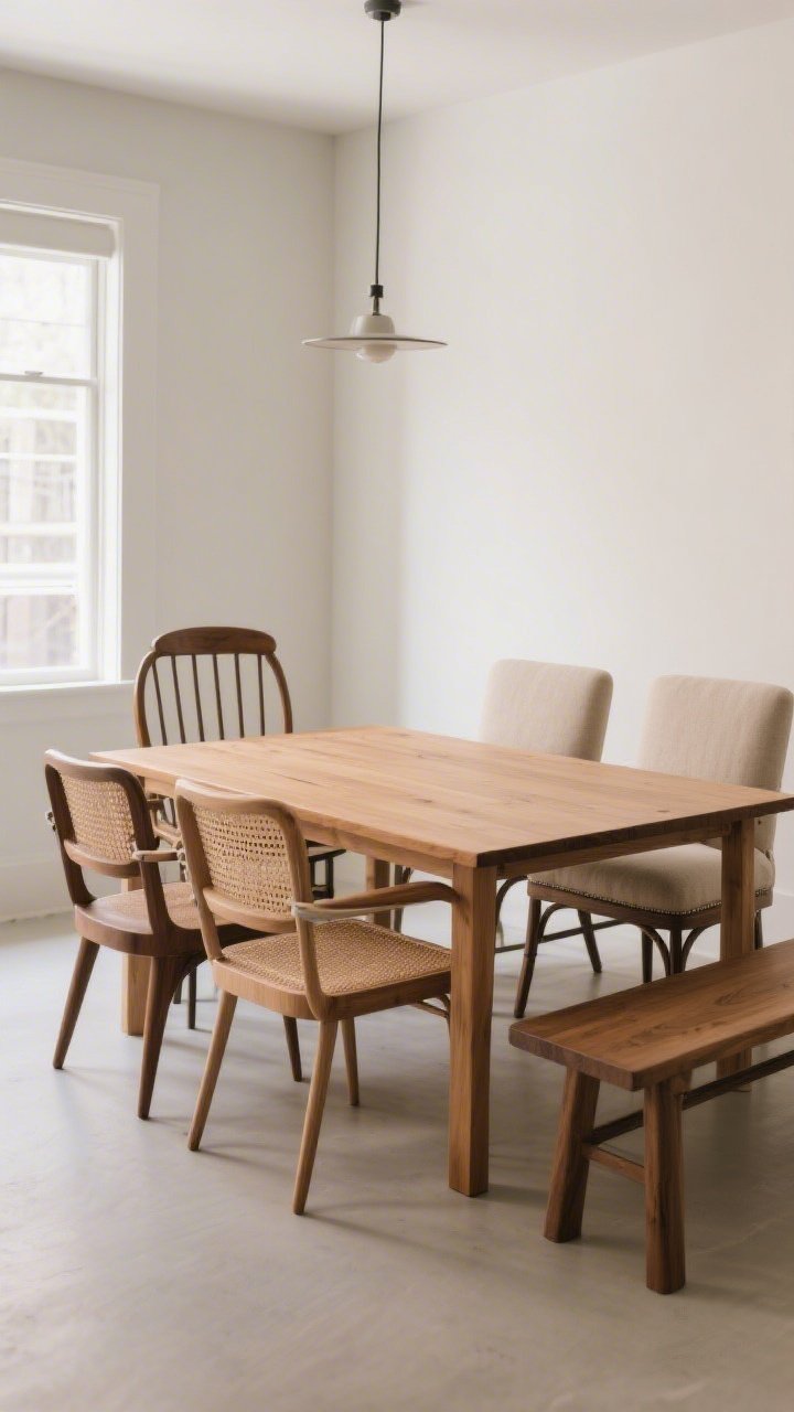 Medium shot: A modern curated table-and-chairs mix. Anchor with a solid rectangular oak table; pair four wood side chairs with cane backs and two upholstered captain’s chairs at the heads in a neutral linen. Keep leg style consistent across chairs for cohesion. Include a backless bench on one long side for flexible seating. Show the comfortable seating arrangement with a 10-minute-sit-friendly vibe; warm, even daylight. Three-quarter angle from a corner to showcase the mix-and-match materials.