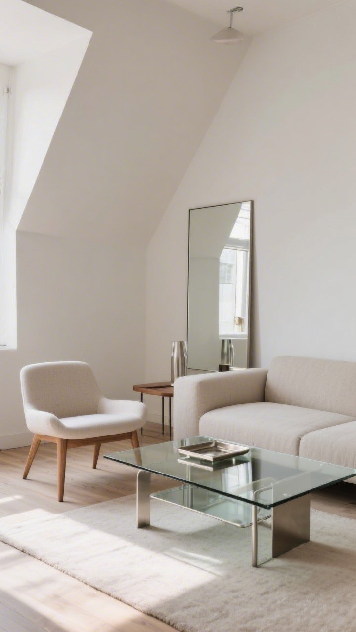 Medium shot: A modern small living room vignette with a streamlined, leggy sofa, airy armchair on visible legs, and a glass coffee table with an open base; mix of metal, glass, and wood accents; a thin-framed mirror and metallic tray introduce reflective shine; neutral mid-light palette; angled view showcasing clean sightlines and the floor visible under furniture; bright, diffused daylight.