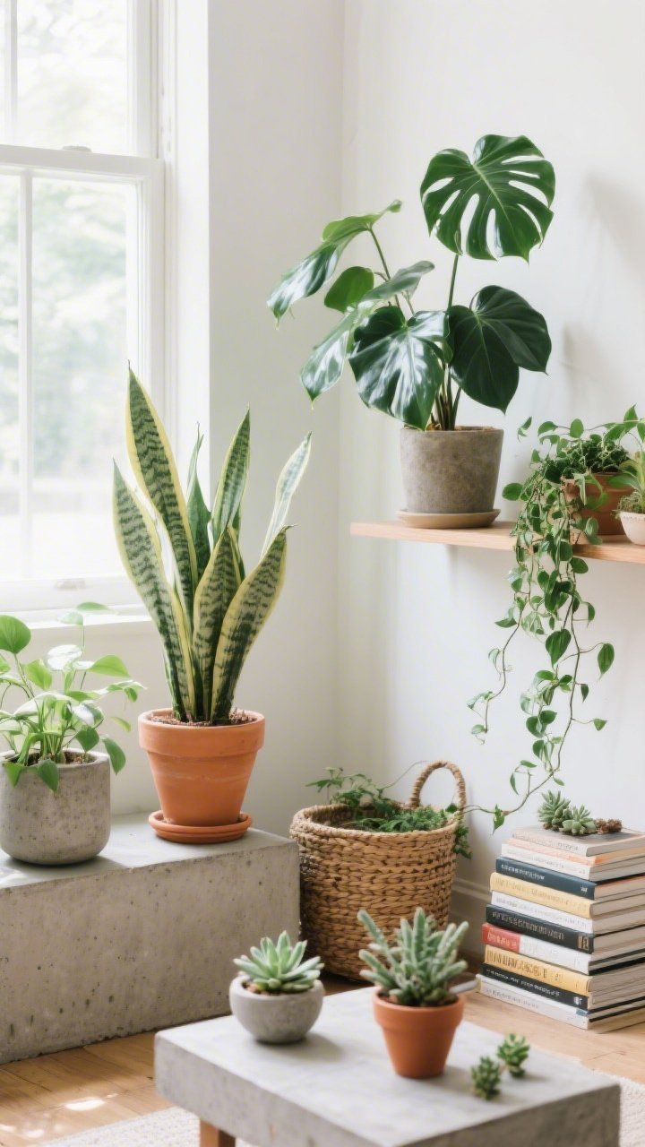 Medium shot: A plant-filled living corner with a mix of low-maintenance greenery—snake plant in a terracotta pot, ZZ plant in a concrete planter on a riser, pothos trailing from a shelf; a rubber plant near bright indirect light by a window; tabletop succulents and a small ivy cascading from stacked books; planters vary in texture (woven basket, terracotta, smooth concrete); bright indirect daylight for a fresh, lively mood.