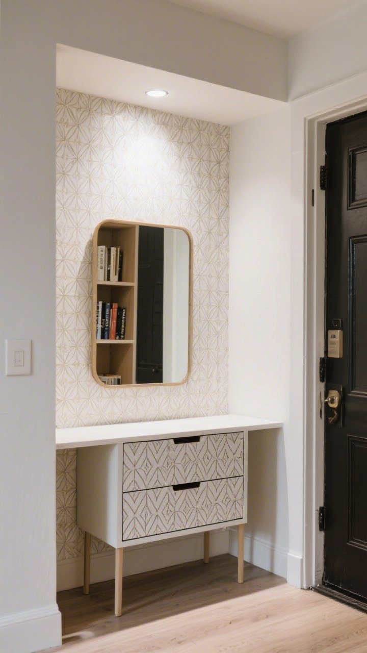 Medium shot: A small entry niche transformed with removable peel-and-stick wallpaper in a subtle geometric pattern; a slim console table and mirror, with the same wallpaper used on the back of a nearby bookcase shelf; a dresser drawer front with matching decals; clean edges, rental-friendly vibe; soft ambient lighting, corner angle.