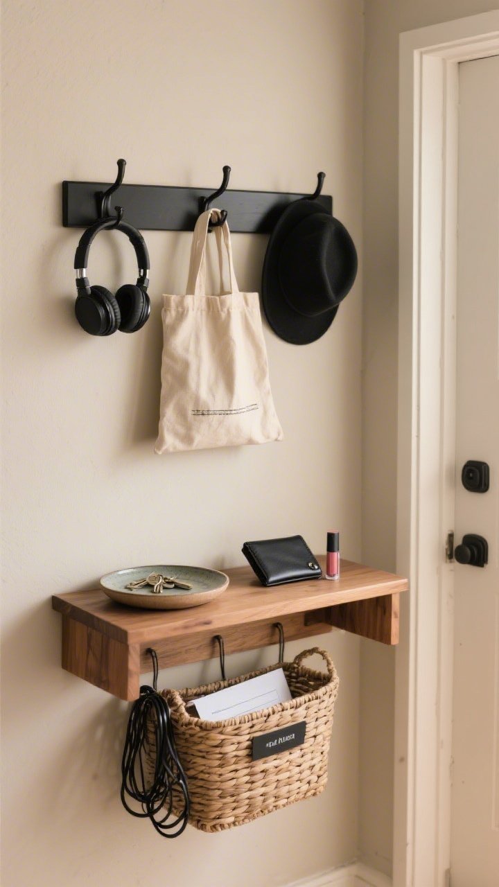 Medium shot: A stylish mini command center by the entry, straight-on view; matte black wall hooks at shoulder height holding a canvas tote, headphones, and a hat; a small wooden console with a round ceramic tray holding keys, wallet, and lip balm; a woven basket below for mail and cords with a simple label; soft warm lighting, muted neutral wall, cohesive tones of cream, wood, and matte black.