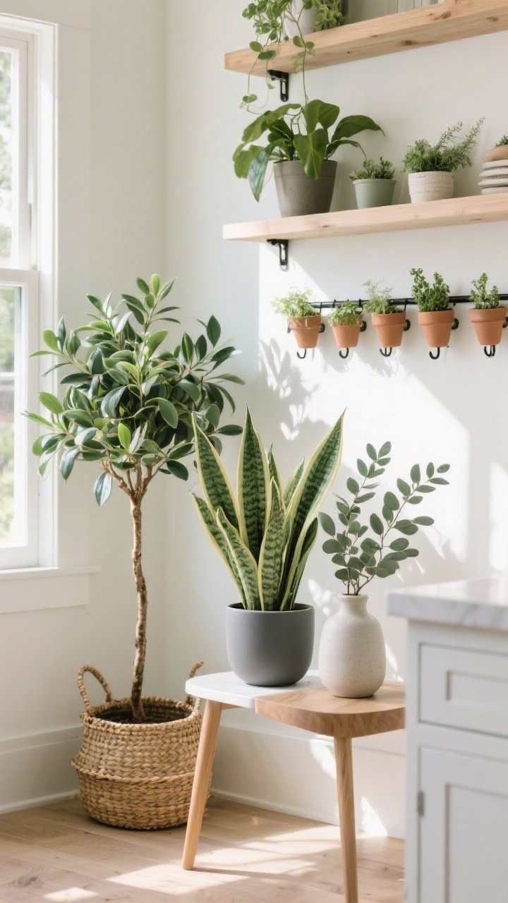 Medium shot: A sunlit corner with layered greenery—real snake plant and ZZ plant in modern matte planters, a faux olive tree in a woven basket, eucalyptus stems in a simple ceramic vase on a side table; an herb rail with small pots mounted under a kitchen shelf using adhesive hooks; bright, fresh feel.