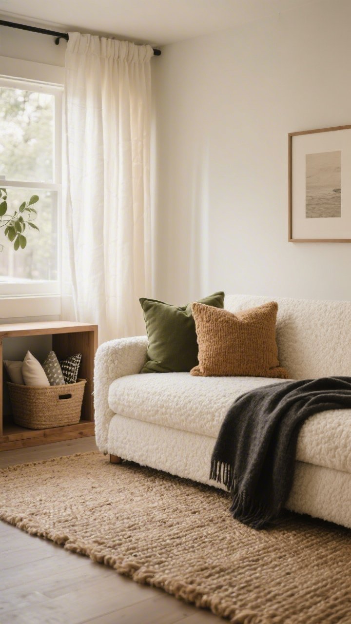 Medium shot: A timeless neutral foundation setup—cream bouclé sofa, natural fiber jute rug, floor-length solid warm white curtains—layered with budget-friendly color: olive and camel pillow covers, a charcoal throw, and a simple art print. A small storage bin of extra pillow covers peeks from an open console shelf as a “seasonal swap kit.” Warm natural light emphasizing linen, bouclé, wool, and raw wood textures.