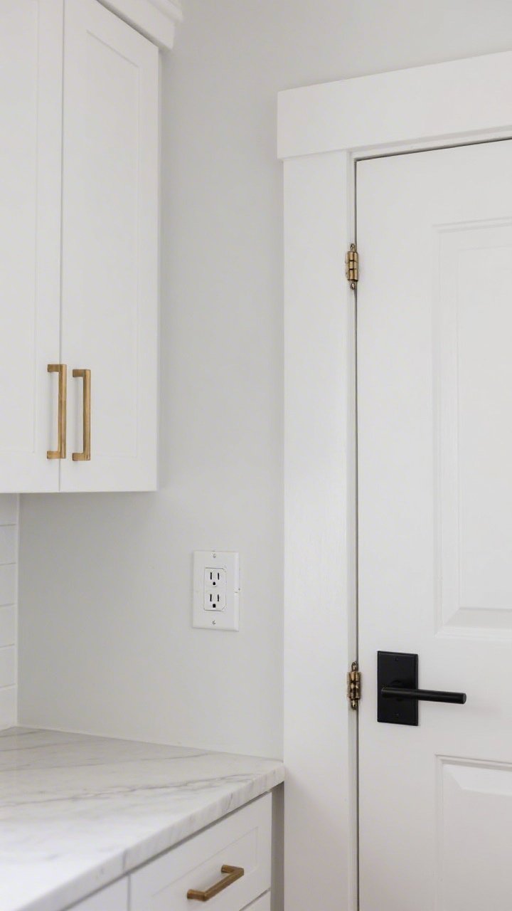 Medium shot: A vignette of small upgrades—kitchen cabinets with new brushed brass pulls, a modern matte black lever door handle nearby, crisp matching outlet and switch plates on a freshly painted wall, and door hinges neatly spray-painted to match; clean, cohesive finishes under bright, even lighting.