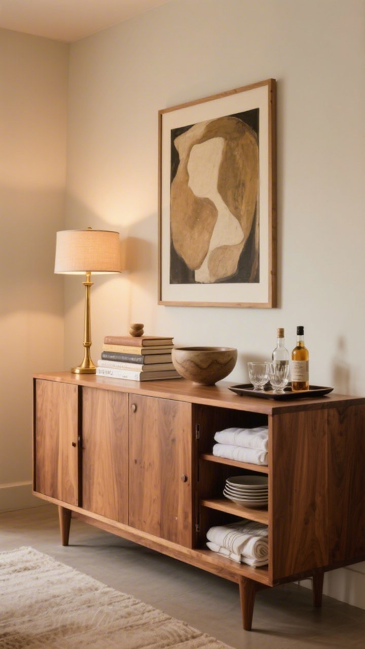 Medium shot: A warm wood credenza/sideboard styled as functional decor. Doors conceal linens and serveware; above, hang a single large-scale artwork for balance and drama. On top, apply the styling ratio: one tall brass lamp as the anchor, one medium stack of books, and one organic shape like a sculptural ceramic bowl. To the side, a compact bar setup on a tray with a few glasses and bottles—elevated, not cluttered. Straight-on view, soft warm ambient lighting.