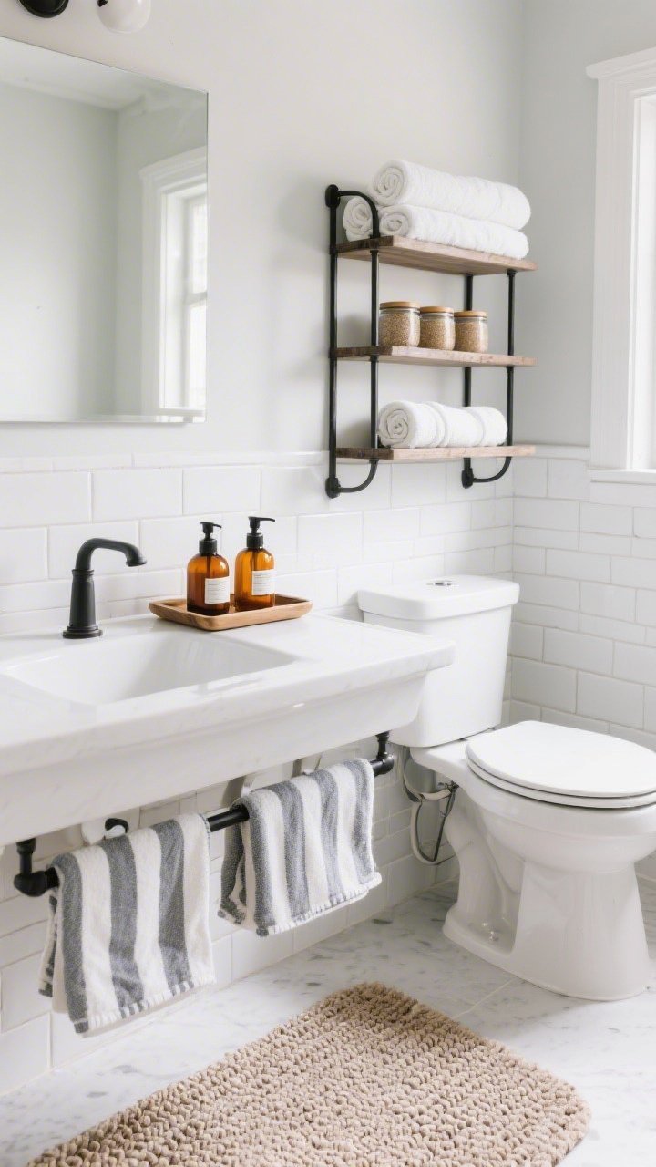 Medium shot: Budget-refreshed bath—peel-and-stick white subway tile backsplash behind the vanity, a tray with matching amber glass dispensers for soap and lotion, fresh striped hand towels and a textured bath mat, and an over-the-toilet black metal ladder shelf displaying rolled towels and lidded jars; bright, clean lighting.