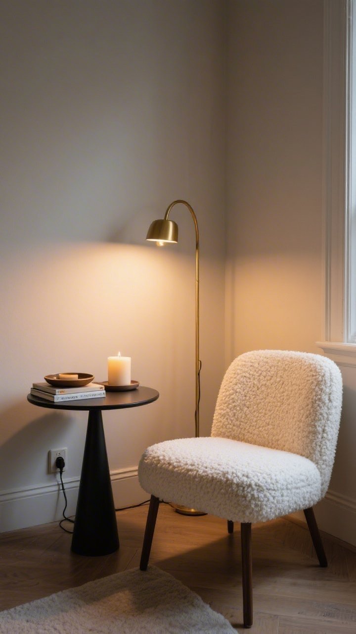 Medium shot, corner angle: A cozy nook with a cream boucle accent chair, a slim black C-table set 22 inches away, and a plug-in brass floor lamp arcing from behind; the table styled with a round tray, a candle, and a small stack of books; warm evening light creating a focused, intimate reading zone.