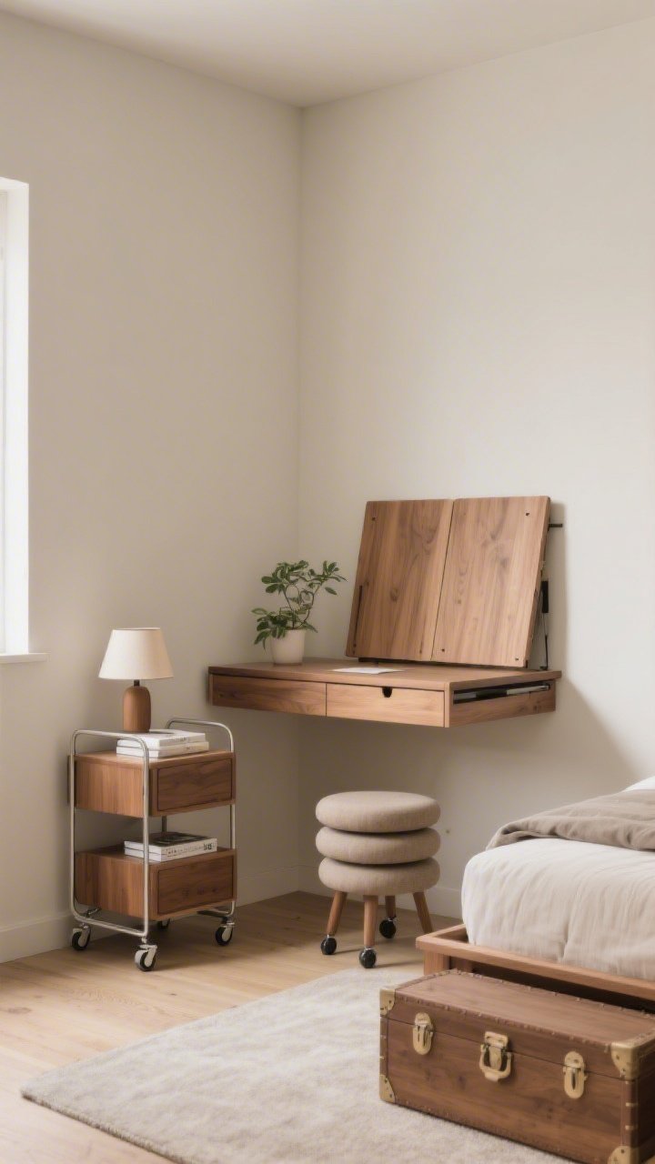 Medium shot corner vignette: A wall-mounted drop-leaf folding desk in the up position creating a small workspace, a slim rolling cart acting as a nightstand with neatly arranged items (lamp, book, plant) ready to be repurposed, and a pair of nesting stools tucked together under the desk; casters visible on an under-bed storage trunk partially pulled out; neutral tones with warm wood, practical yet cozy mood, photorealistic.