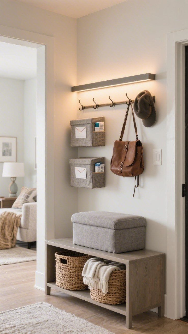 Medium shot: Entry-living transition with storage-as-decor—two woven baskets under a narrow console holding blankets, a pair of lidded fabric boxes on wall shelves for mail and meds, a soft-top storage ottoman in heather gray, and a slim wall-mounted rail with hooks for bags and hats; warm ambient lighting, clean styling.