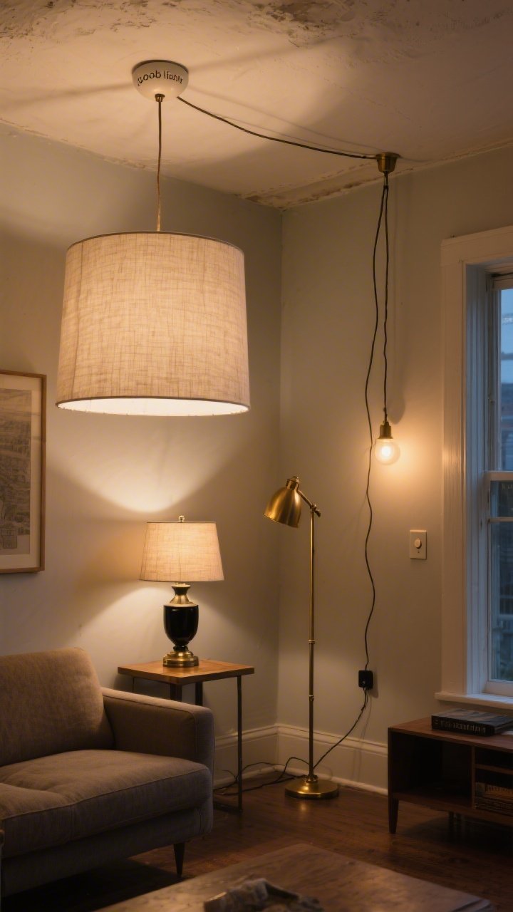 Medium shot from a corner angle: A living area with the old ceiling “boob light” replaced by a large linen statement shade; layered lighting includes a thrifted brass table lamp resprayed matte black and a slim brass floor lamp; a visible plug-in pendant swagged from a ceiling hook with a neatly draped cord; warm 2700K bulbs casting a cozy glow, with a dimmer switch on the wall; evening ambiance, no people, photorealistic.