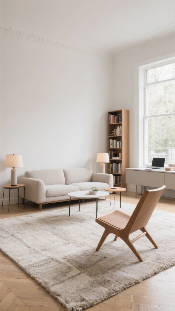 Medium shot from a corner angle: A living room layout refresh with a sofa floated away from the wall, a lounge chair angled to create a conversational zone, and a small bistro table set as a work/dining area; a large neutral rug anchoring the seating with front legs on it; paired table lamps for symmetry and a tall bookcase balancing a low credenza; bright natural light, simple, airy mood