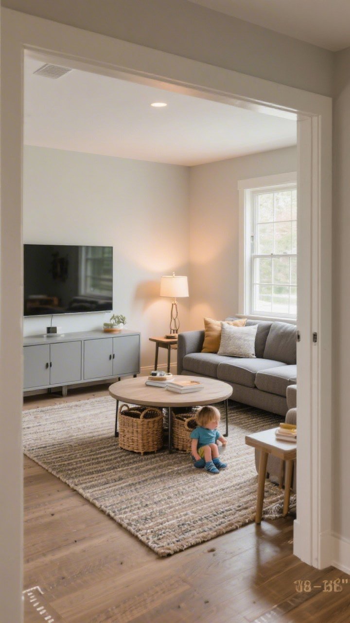 Medium shot: Function-first family room layout showing clear traffic flow—30–36 inches for the main walkway, 18 inches around a rounded-edge coffee table; closed storage credenza with baskets, a performance-fabric sectional, wipeable finishes on side tables; include a durable flatweave rug and kid-proof corners; calm, practical mood with warm ambient lighting and task lamp; photographed from a doorway to show pathways.