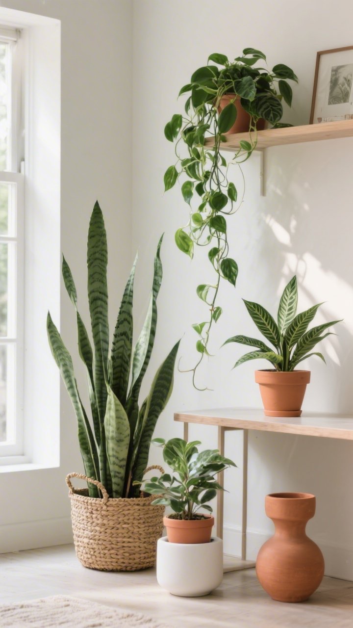 Medium shot: Greenery arrangement with varied heights—a tall snake plant on the floor in a woven basket, a pothos trailing from a shelf, and a ZZ plant on a tabletop; planters repeat a cohesive color family (matte white and terracotta in different shapes); one dim corner hosts a realistic faux plant; bright but soft daylight, photorealistic leaf texture.