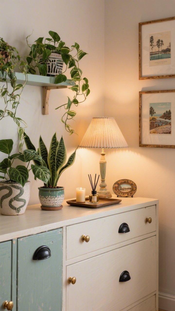 Medium shot highlighting personality pops and DIY details: cabinet doors with newly swapped brushed brass knobs and a dresser with updated matte black pulls, a cluster of easy-care plants (pothos trailing from a shelf, snake plant and ZZ plant in ceramic planters), a DIY-painted picture frame matching the room palette, and a recovered pleated-paper lampshade on a vintage lamp; a subtle candle and reed diffuser styled on a tray; a quirky vintage find and a framed travel print add character; warm, cozy lighting; no people.