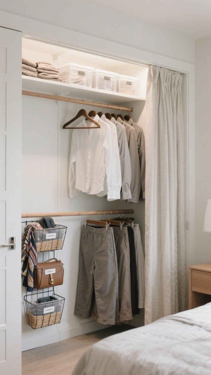 Medium shot inside an open closet: Double hang rods installed—shirts above, pants below—on slim velvet hangers; over-the-door basket rack holding scarves and handbags; clear labeled bins on the top shelf storing off-season items; soft white closet lighting, doors swapped for light linen curtains drawn to the side; tidy, space-maximizing feel with greige and oak tones echoing the bedroom, photorealistic.