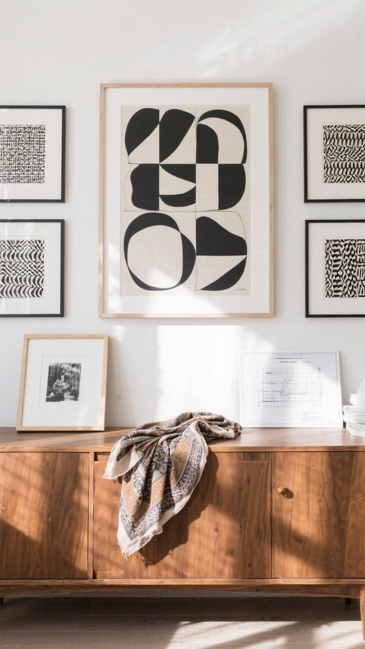 Medium shot: Large-scale DIY art above a credenza—an oversized poster frame with a matted downloadable abstract print, flanked by a triptych of matching patterns in three frames; a second frame holds a vintage scarf (fabric remnant) neatly mounted; an engineer print in black-and-white leans on the surface; balanced, gallery-like, bright natural light.