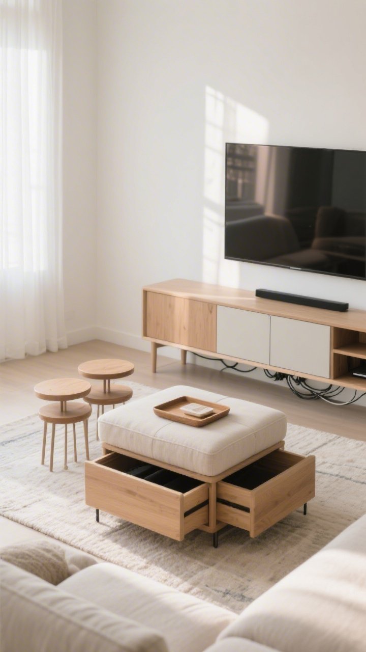 Medium shot: Multifunctional setup featuring a storage ottoman used as a coffee table holding a tray, a set of nesting side tables partially tucked beneath each other, and a closed-door media console concealing cables; minimal clutter, calm palette; warm white walls and a light rug; soft afternoon light; perspective from sofa height highlighting practical double-duty furniture.