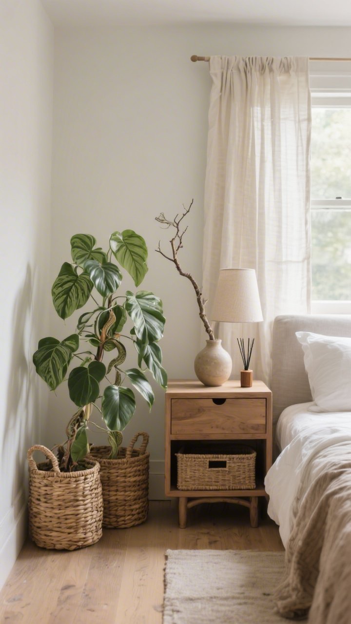 Medium shot, nature-forward vignette: Organic elements layered into the bedroom—snake plant and pothos on a wood nightstand and floor, rattan baskets for storage, linen curtain panels framing a window, and a ceramic table lamp; a single foraged branch in a simple vase on a dresser; a diffuser emitting a subtle cedar/sandalwood mood; soft daylight, grounded and serene, photorealistic.