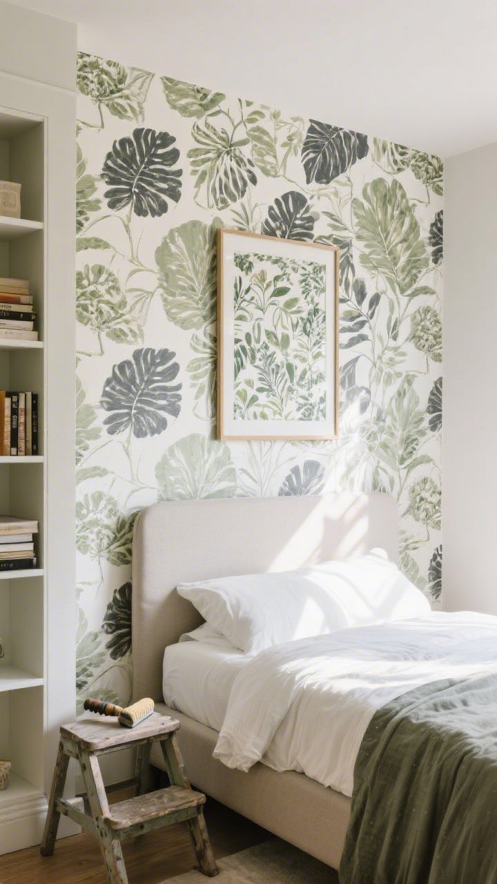 Medium shot of a bedroom accent wall with large-scale removable wallpaper in a modern, oversized botanical pattern (sage and charcoal on warm white); the wallpaper also lines the inside of a nearby open bookshelf; a single framed panel of the same wallpaper hangs as art above a bed with a simple headboard shape; bright, diffused morning light; show a step stool and smoothing tool resting nearby for authenticity.
