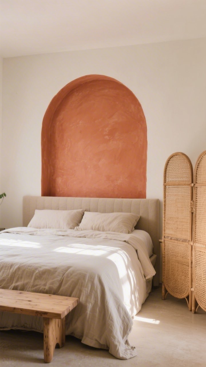 Medium shot of a bedroom featuring a DIY headboard moment: a painted arch in warm terracotta behind the bed acting as a faux headboard, paired with neutral bedding; to one side, a folded rattan screen leans, hinting at an alternate headboard idea; simple oak bench at the foot of the bed; soft morning light; photorealistic, slightly off-center angle emphasizing the painted shape