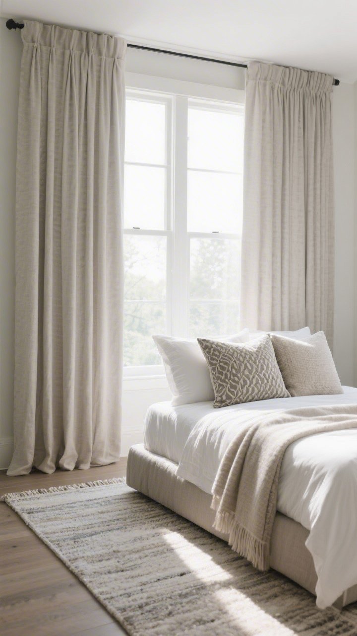 Medium shot of a bedroom showcasing upgraded textiles: floor-to-ceiling curtains hung high and wide near the ceiling extending beyond the window frame to make the window look larger; a bed styled with 22-inch square pillows—two solids, one patterned, one textured—in a restrained color palette; a generously sized rug extending 18–24 inches beyond the bed sides; a soft throw neatly draped; bright natural morning light for crisp polish