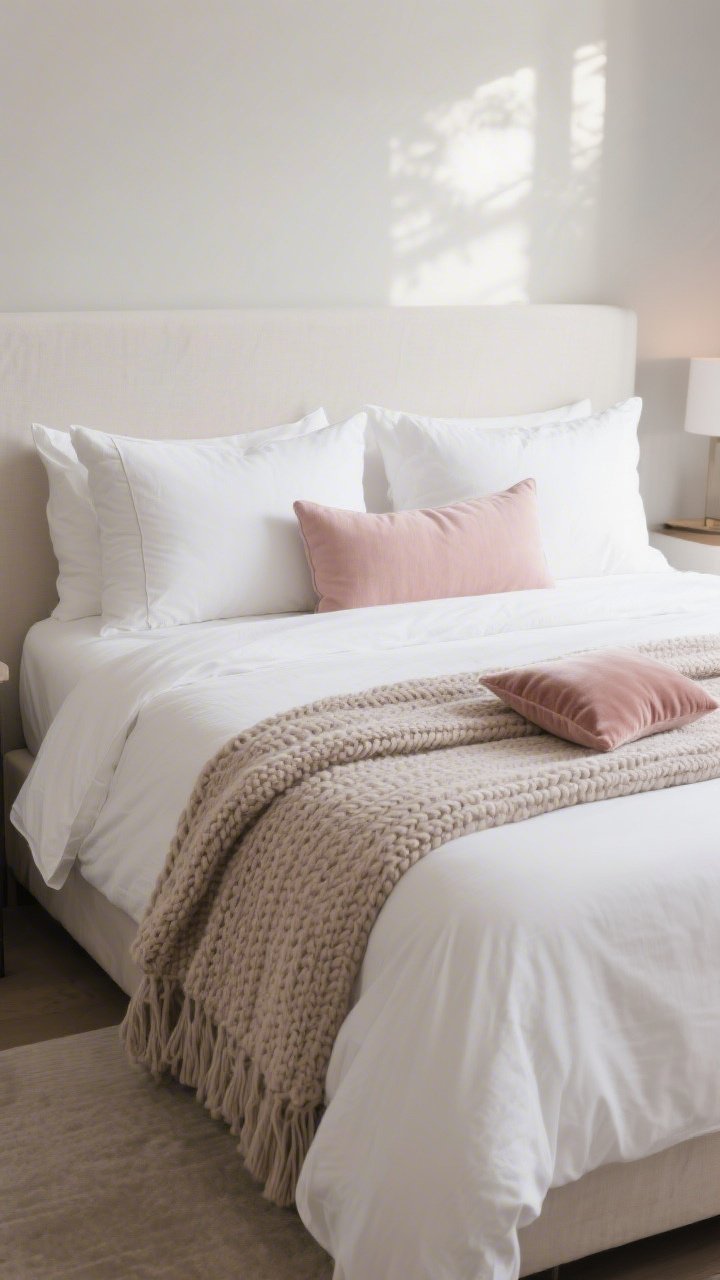 Medium shot of a boutique-hotel-style bed: crisp white percale sheets, two stacked fluffy duvet inserts for loft with a light taupe textured coverlet folded at the foot, pillow arrangement with two Euro shams in back, two standard pillows, and a long lumbar in muted blush. Texture trio visible: linen duvet cover, chunky knit throw, and a small velvet accent pillow. Soft, diffused afternoon light; bed is freshly steamed and smooth; photorealistic.