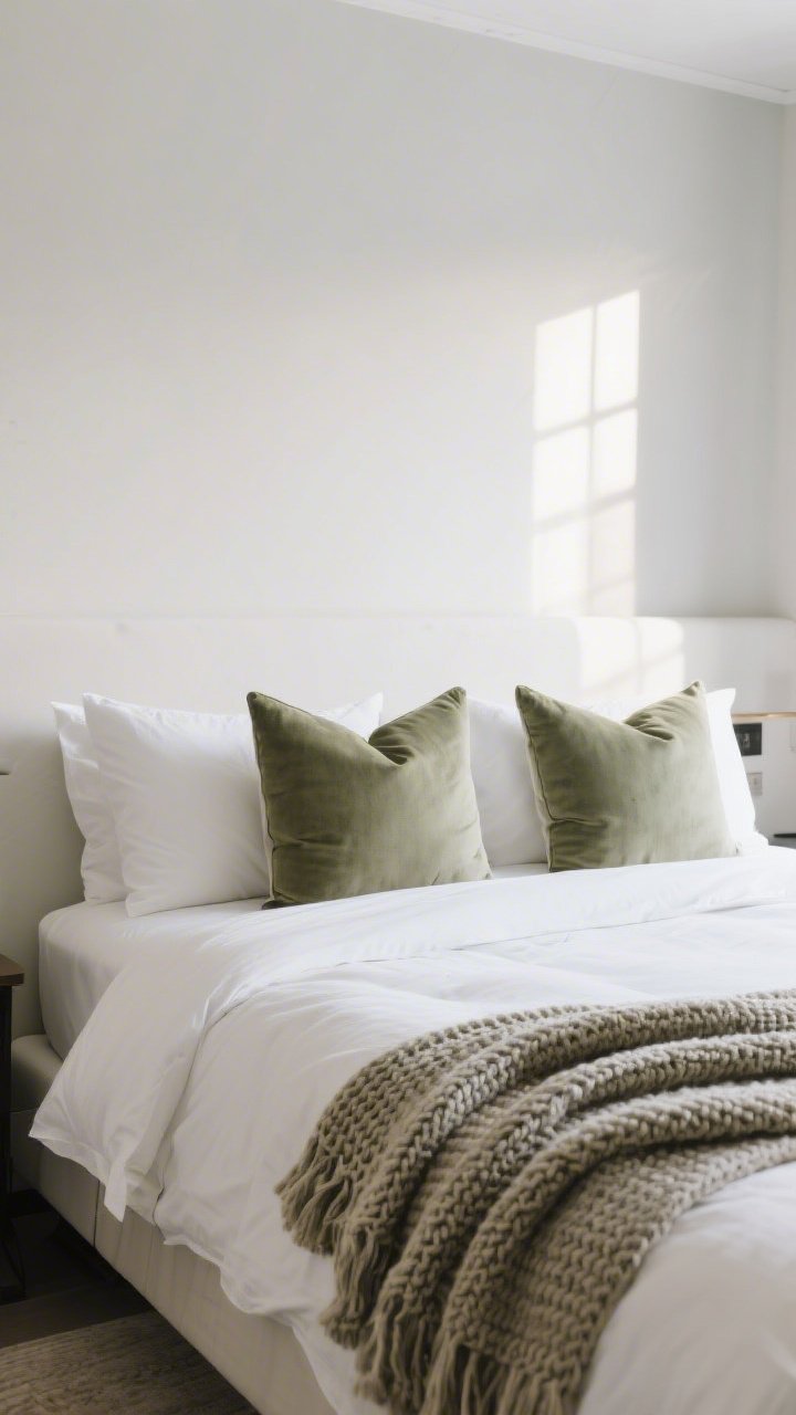 Medium shot of a boutique-style bed: crisp white bedding with a duvet insert one size up for extra loft, two tailored pillow shams at the back, two stylish accent pillows in muted sage, and a textured knit throw casually draped; neatly made with relaxed edges; morning light filtering in for a fresh, hotel-chic vibe; straight-on framing.