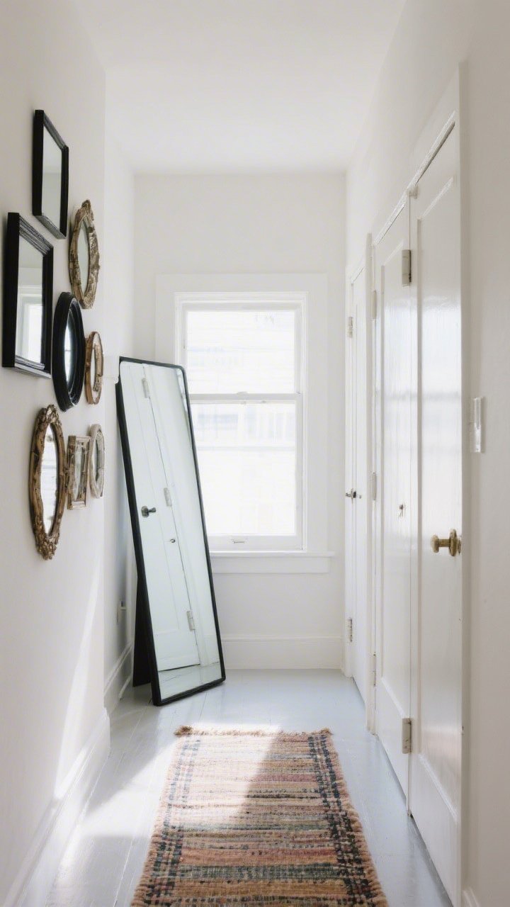 Medium shot of a bright hallway featuring mirror magic: a slim, full-length leaning mirror opposite a window bouncing natural light deeper into the space, mirrored closet doors reflecting a runner rug; a small gallery of eclectic thrifted mirrors with consistent matte black frames on one wall for cohesion; airy, minimal decor with soft daylight pooling on the floor; slight angle to catch reflections without people