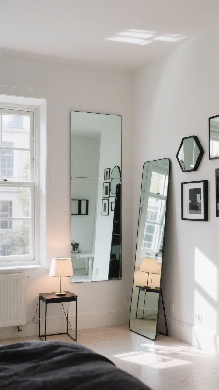 Medium shot of a bright small room featuring mirrors for visual expansion: a large frameless mirror placed directly opposite a window doubling natural light, a slim-thin edged mirror panel behind a table lamp to boost glow, and a tall leaning mirror in a narrow corner to elongate the ceiling height; optional “mirror gallery” vignette on an adjacent wall with mixed shapes but frames unified in matte black; sunlight scattering softly, sleek and tidy vibe; no people.