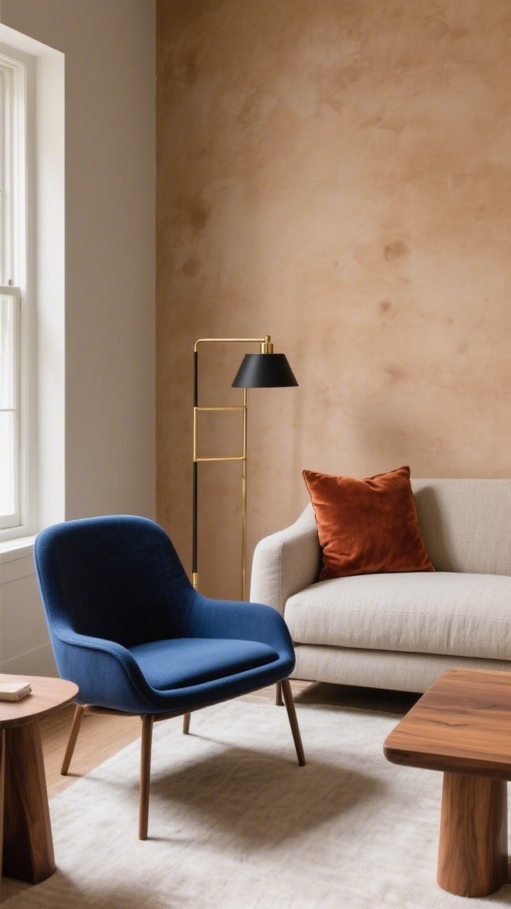 Medium shot of a color-cohesive seating vignette: warm mushroom walls, a greige linen sofa, a single saturated accent chair in deep marine blue, a rust velvet lumbar pillow, thin black and brushed brass mixed metals in a floor lamp and frame (two metals only), oak side table; natural daylight creating gentle contrast, modern and cohesive palette.