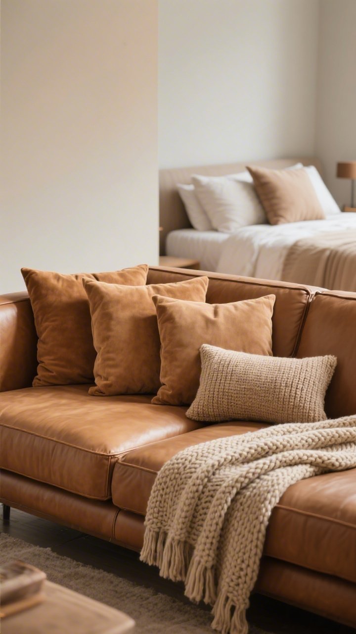 Medium shot of a comfort-first sofa setup: arrangement follows pillow math—2 large square pillows, 2 medium pillows, and 1 lumbar; textures mixed—smooth camel leather sofa with suede pillows and a chunky knit throw plus a second, softer nap-ready throw; optional bed variant visible in background with layered pillows; warm, even lighting emphasizing coziness.