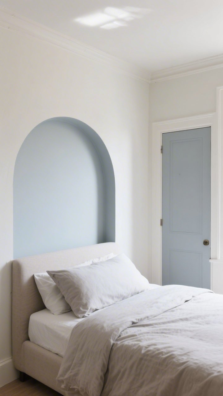 Medium shot of a compact bedroom corner showcasing paint tricks: walls and ceiling painted the same soft creamy white to blur edges, trim and door color-drenched in the same hue, with a painted headboard shape on the wall behind the bed as a rounded arch in a misty gray-blue; gentle daylight reflecting softly (eggshell sheen), minimal warm greige accents in bedding, calm and expansive feel.