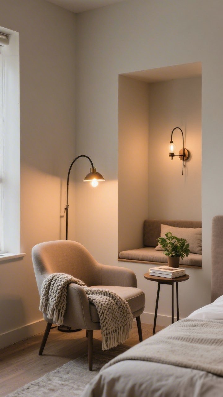 Medium shot of a compact reading nook in a bedroom corner: A comfy accent chair with a knit throw, a slim side table holding a book and a plant, and an arc floor lamp with a warm bulb casting a cozy pool of light; optional micro-space hack included in background: a wall-mounted swing-arm sconce over a slim bench with cushions; warm, intimate lighting, photorealistic.