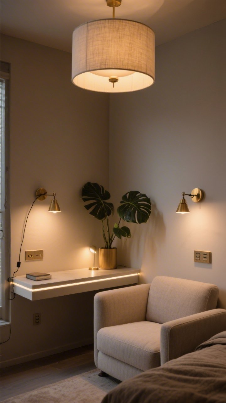 Medium shot of a compact seating area styled like a boutique: a soft fabric drum flush-mount providing warm 2700K ambient glow; plug-in swing-arm sconces flanking a small sofa, freeing the nightstand surface; an LED strip under a floating shelf creating a gentle accent wash; a tiny uplight hidden behind a leafy plant adding drama; dimmers evident by sleek wall controls; overall cozy, selfie-friendly warmth in greige and brass tones, no people, photorealistic evening lighting.