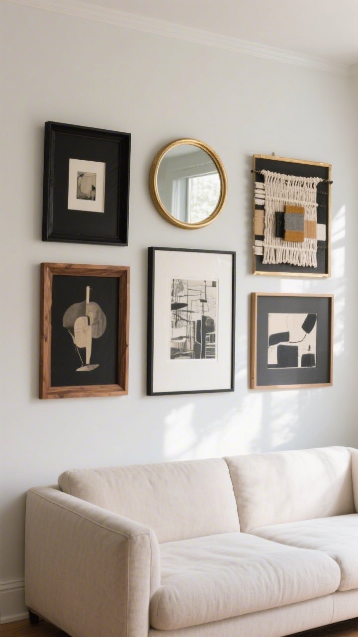Medium shot of a curated gallery wall above a light neutral sofa: a cohesive mix of black, oak, and brass frames around art in a shared color palette; include one small round mirror and a textile wall hanging for mixed media; balanced layout with intentional negative space; soft afternoon light, photorealistic, straight-on composition that feels designer and deliberate