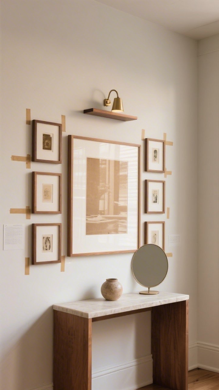 Medium shot of a curated gallery wall above a small console: a large centerpiece framed print in the middle, surrounded by smaller frames of varied sizes but matching wood frames; cohesive warm neutral color palette in the art; painter’s tape rectangles faintly visible on an adjacent section of wall as a planning detail; a small brass picture light above the centerpiece, a petite floating shelf with a ceramic object, and a round mirror to add dimension; corner angle view.