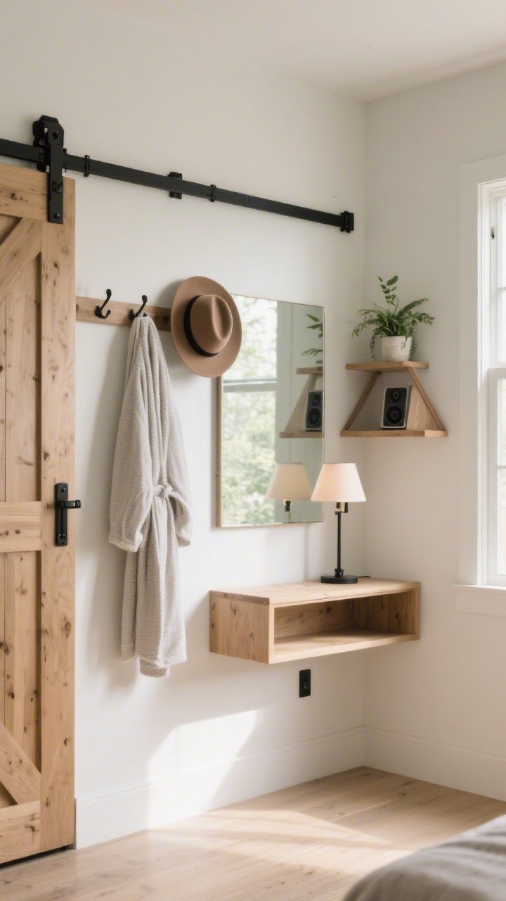 Medium shot of a “dead zone” wall: Behind-the-door peg rail holding a robe and hat, an under-window shallow console (10–12 inches deep) styled with a small lamp and a petite mirror without blocking light, and triangular corner shelves hosting a plant and compact speaker; suggestion of a barn door track reclaiming swing space; soft afternoon light, light oak, matte black hardware, tidy floor, photorealistic.