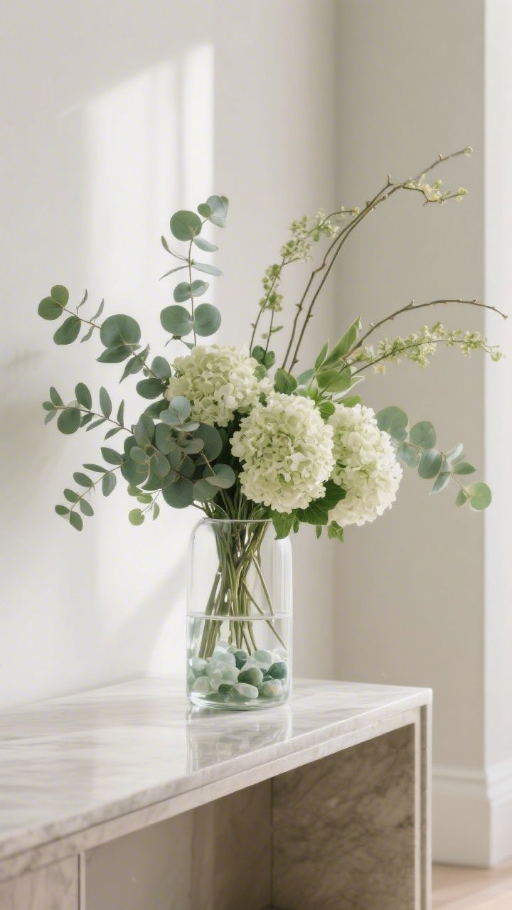 Medium shot of a designer-styled faux floral arrangement on a console: realistic eucalyptus and hydrangeas only, trimmed at mixed heights with gently bent stems forming a natural arc; clear glass vase weighted with visible aquarium stones; tight two-color palette in soft greens and creamy whites; clean, modern setting with neutral tones and soft morning light