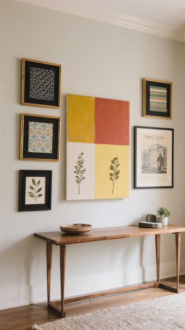 Medium shot of a DIY-worthy gallery wall above a console: thrifted frames in consistent black and slim brass finishes holding fabric and wallpaper samples, a large-scale color-block canvas leaning for big impact, a pair of pressed botanicals in minimalist black frames, and a public domain art print; cohesive layout with a neutral wall backdrop; gentle afternoon light; straight-on perspective for clarity