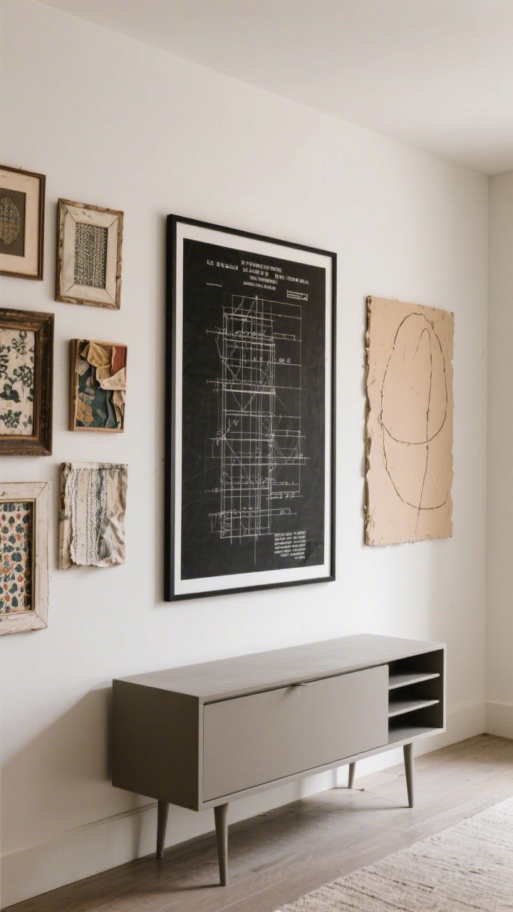 Medium shot of a feature wall making art the star: a large oversized black-and-white engineer print in a thin black frame centered above a low console at a seated eye-level height; adjacent gallery wall of mixed thrifted frames containing fabric and wallpaper scraps plus a minimalist DIY abstract made with spackle painted a single warm beige; art relates to the furniture, not floating; balanced composition, gentle side lighting, matte finishes.