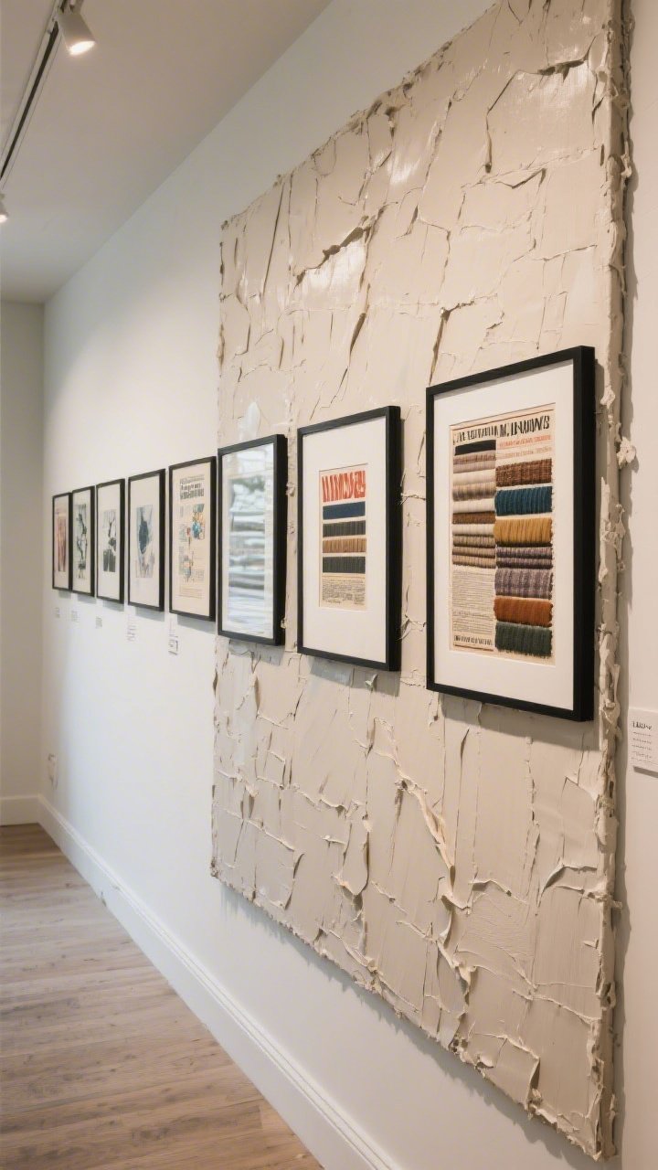 Medium shot of a gallery-worthy DIY art wall: a large textured canvas made with spackle/joint compound and knife strokes, painted in layered neutrals; a neat row of framed vintage posters and downloadable prints in uniform thin black frames; a single frame featuring a beautiful textile swatch; artwork centers hung at ~57 inches from the floor; soft diffuse lighting for a curated gallery feel