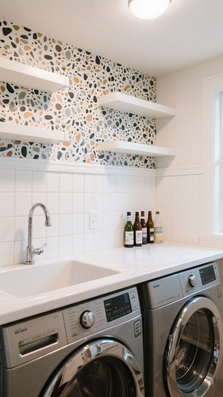 Medium shot of a laundry wall with renter-friendly finishes: a peel-and-stick white subway tile backsplash running horizontally behind the machines and utility sink to visually widen the room; above, open shelves backed by bold vinyl wallpaper in a terrazzo-inspired pattern for contrast and drama; beadboard paneling painted a soft white on the lower half with a slim ledge trim; appliances below, neatly arranged bottles; balanced, designer look with bright, even LED lighting, straight-on composition.