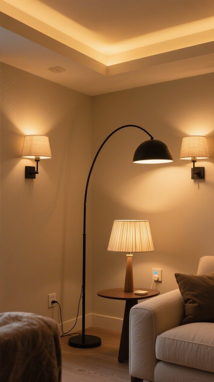 Medium shot of a layered lighting setup in a cozy living room corner: a tall black arc floor lamp bouncing warm 2700K light off the ceiling, a pair of plug-in sconces with linen shades flanking a sofa, and a table lamp with a pleated shade on a side table; visible smart plug on the outlet with a subtle glow; warm, dimmed ambiance with golden pools of light, no harsh overhead; neutral palette with soft textures.