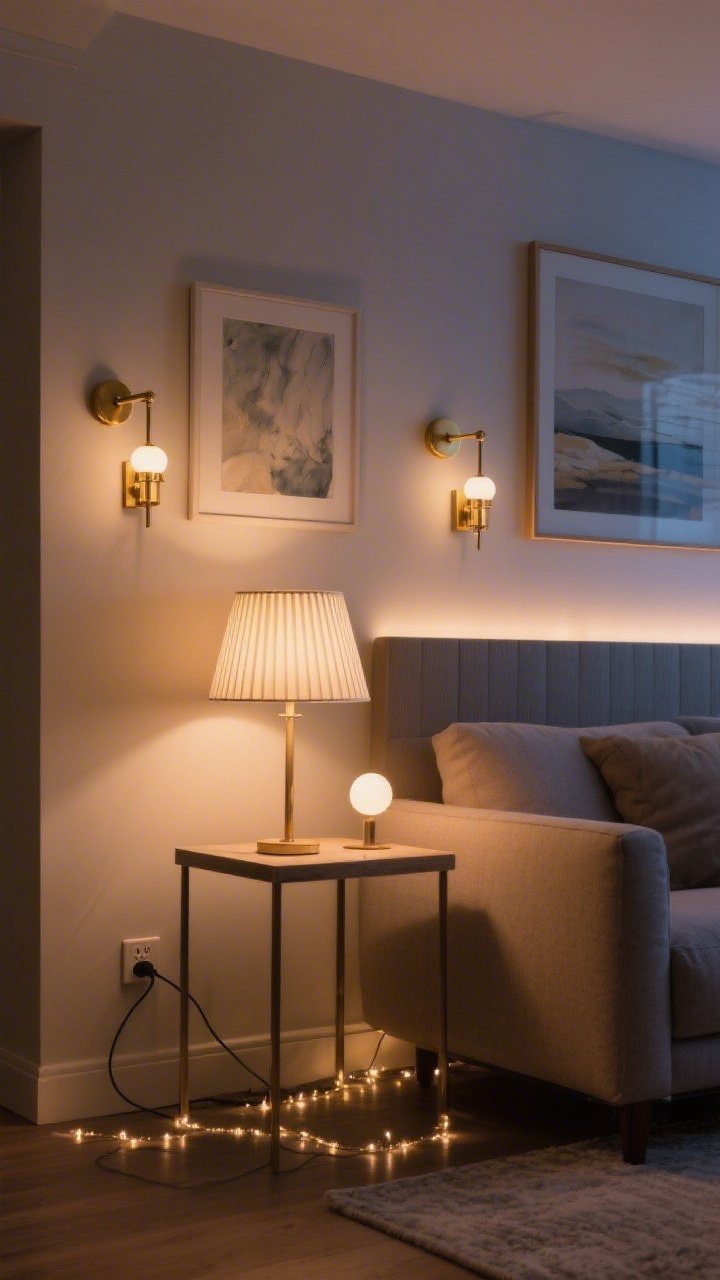 Medium shot of a living room corner: A pair of plug-in sconces with brass accents flanking art, a table lamp with a fresh pleated shade on a side table, and warm 2700K bulbs casting a cozy glow; a dimmer plug attached to the lamp cord on the floor; fairy or LED strip lights tucked behind a headboard-style shelf creating a soft backlight; evening ambiance, no overhead glare, photorealistic.