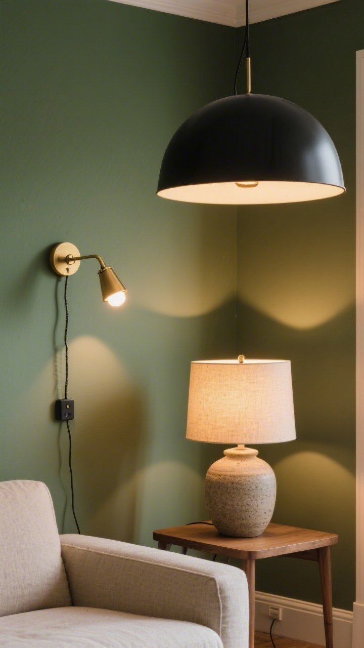 Medium shot of a living room corner showcasing layered lighting: a matte black statement pendant overhead, a brass swing-arm plug-in sconce with a neatly draped cord cover on the wall, and a ceramic table lamp on a side table; warm 2700K bulb glow creating cozy pools of light on a sage green wall; include a dimmed smart bulb ambiance, linen sofa edge in frame; photorealistic, three-quarter angle