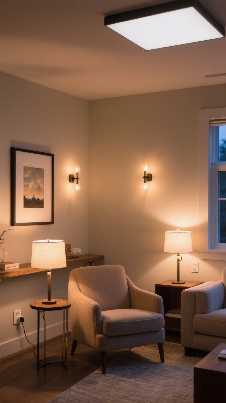 Medium shot of a living room corner showcasing layered lighting: warm white bulbs (2700K–3000K) glowing in two table lamps, plus a pair of plug-in sconces flanking framed art; overhead ceiling light off to avoid harshness; a cozy chair with a small task table beneath a sconce, subtle accent lighting on a shelf; smart plug visible at an outlet for realism; evening ambiance with warm pools of light and soft shadows
