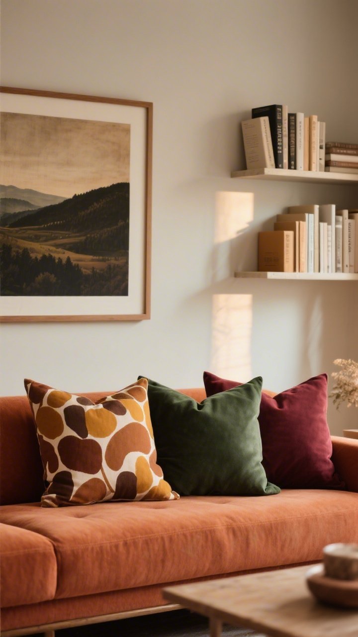 Medium shot of a living room vignette using a warm palette: spiced terracotta, caramel, ochre, deep forest green, and mulled-wine burgundy shown through throw pillows (one patterned in earthy abstract, two solids), a framed moody landscape art swap on the wall, and a shelf with books flipped backward for neutral spines; natural light with warm undertones; cozy, collected mood.