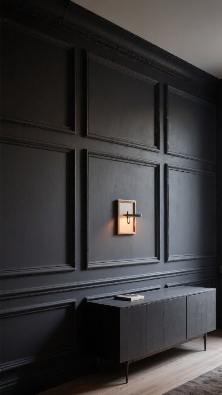 Medium shot of a living room wall featuring picture frame molding applied in symmetrical rectangles, all painted a single deep, moody charcoal for a cocoon effect; subtle shadowing emphasizes trim depth; a low-profile credenza and a simple sconce in frame; warm evening light grazing the wall to highlight texture; photorealistic, slight corner angle