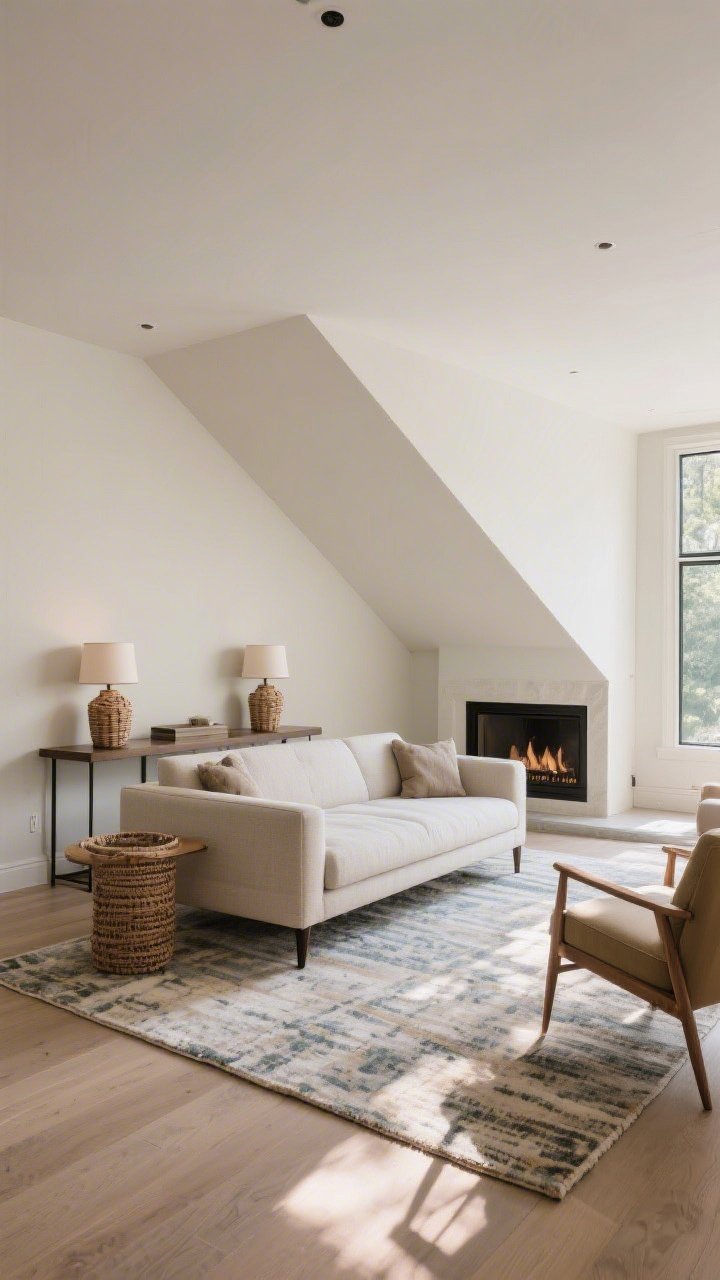 Medium shot of a living room with the same existing sofa floated 10 inches off the wall and angled 12 degrees toward a fireplace focal point; large area rug centered first with front legs of sofa and chairs on it; a narrow console table behind the sofa holding twin lamps and baskets; soft afternoon light, boutique-hotel vibe, clear traffic flow.